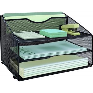 Organiseur de bureau à 3 niveaux avec 2 trieurs de fichiers verticaux supplémentaires, bac à courrier pour papier A4, porte-magazines pour bureau à domicile, noir - Neuf