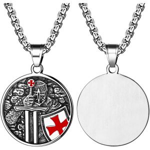 Kal-Collier Chevalier Du Temple: Pendentif Protection Catholique En Acier Inoxydable Avec M&eacute;daille Religieux Bouclier Croix (Armure De Dieu) Bijou Religieux Vintage - Cadeau Bapt&ecirc;me/No&euml;l - Neuf