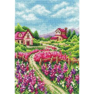 Kit Point De Croix Compt&eacute; Andriana "Paysage Avec Lupins" 15x20 Cm - Neuf