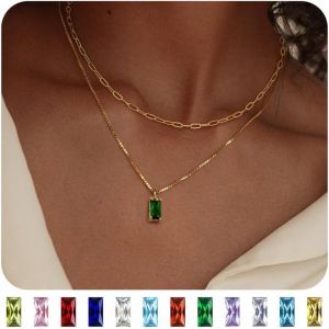 Women's Gold Necklace, 14 K Gold Plated Necklace With Birthstone, Birthstone Diamond Pendant Necklace, Women's Choker Necklace, Double Chain Necklace, Personalised Necklace, Women's Gold - Neuf