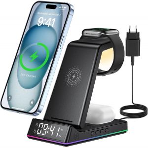 Kalanka-3 En 1 Chargeur Sans Fil Avec Veilleuse D'horloge - Station De Charge &Agrave; Induction Rapide Pour Iphone 16 15 14 13 12 11 X 8 Et Apple Watch Ultra 10 9 8 7 6 Se 5 4 Et Airpods 2 3 4 Pro/Pro 2 - Neuf