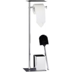 KAL-Ensemble Support Brosse Wc Porte-Papier Toilettes Fer Chromé Serviteur Hxlxp: 66,5 X 20 X 13,5 Cm, Noir/Argenté - Neuf