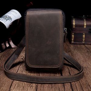 Sac banane en cuir véritable pour homme et femme, sacoche verticale pour voyage, sport, course à pied, randonnée, couleur café - Neuf