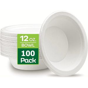 Checarzhn--No1-100 Pièces Bols En Papier Jetables, 360ml Blanc Bols Rigides En Bagasse 100% Compostable Bol En Canne À Sucre Pour U Quotidien Restaurants Bbq Party (13,5cm X 4cm) - Neuf