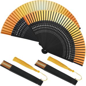 KALANKA-2 Pièces Éventails Pliants avec Frange en Soie, Éventails à Main Portables artisanaux en Bambou Ventilateurs Pliables pour Mariage Danse Décoration Parti Cadeau, Jaune - Neuf
