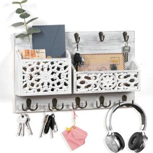 Porte-Clés Rétro Blanc Avec 2 Porte-Lettres Et 13 Crochets À Clés,Porte-Documents Européen,Étagère À Clés,Porte-Journaux,Armoire À Clés Pour Entrée,Couloir,Bureau - Neuf