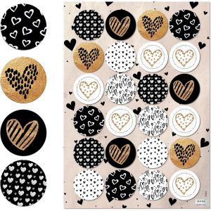 Autocollants C?ur Ronds, Set De 24: Stickers Dorés, Noirs Et Blancs Pour Cadeaux, Mariage, Anniversaire, Décoration Scrapbooking, Cartes Et Étiquettes, Autocollant Amour, Ø 4cm - Neuf