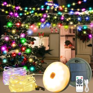 Jgd-Guirlande Lumineuse Solaire De Camping - 20 M - Enroulable - Avec T&eacute;l&eacute;commande - Blanc Chaud + Rvb - Chargement Solaire Et Usb - Neuf