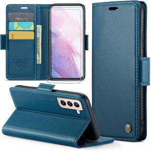 Kal-Coque Pour Samsung Galaxy S21 Plus+ 2 Pièces Verre Trempé,Antivol,Prend En Charge Le Chargement Sans Fil, Pochette Fermeture Magnétique Flip Case- Bleu - Neuf