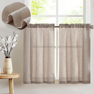 Eryi-Rideaux Cuisine En Lin Translucides Courts À Passe Tringle - Intérieurs Modernes Pour Salon, Placard, Chambre, Fenêtre - Décoration 2 Pièces 65x90cm Marron - Neuf