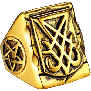 Tianyi-Chevalière Satanique Homme Personnalisable,Bague Sigil De Lucifer/Croix De Léviathan,Acier Inoxydable/Or/Noir,Taille 54-72,Bijoux Gothique Satan Biker (Boîte Cadeau) - Neuf