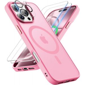Eryi-Coque Pour Iphone 16 Pro Max Avec 2 Verre Trempé Et 1 Caméra Protecteur, Translucide Mat Arrière Housse Fine Antichoc Pour Iphone 16 Pro Max Case Compatible Avec Mag-Safe 6.9"" Rose Clair - Neuf
