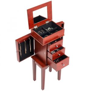 Armoire &agrave; Bijoux sur Pied en Bois-Duoku-Meuble de Rangement-avec 3 Tiroirs-Miroir Inclinable-4 Compartiments Sup&eacute;rieurs-Poign&eacute;es - Neuf