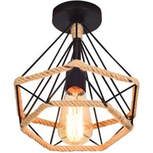 Ulteronixshop-Lampe De Plafond R&eacute;tro Vintage Plafonnier Industrielle Cage En Forme Diamant En M&eacute;tal Avec Corde De Chanvre Fer Lustre Suspension Luminaire Pour Salon Salle Chambre D&eacute;corer Maison,25cm - Neuf