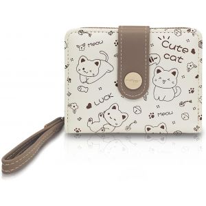 CAUC-Portefeuille Femme Petit Format, Portefeuilles F&eacute;minins en Cuir PU avec 5 Cartes et Fen&ecirc;tre ID Compact Porte Carte &agrave; Motif Chaton pour Carte Monnaie Pi&egrave;ce Cl&eacute; (Brune) - Neuf