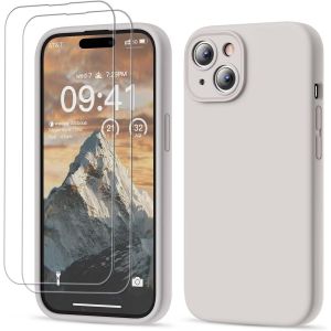 3 En 1 Coque Iphone 15 Silicone Liquide - Avec 2 Verre Trempé - Étui Protection Précise De Caméra [Résistant Aux Rayures] [Antidérapant] Iphone 15 Case 6.1"", Gris Pierre - Neuf