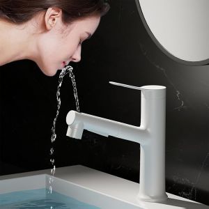Robinet de lavabo avec douchette extractible (blanc), robinet de lavabo monotrou, trois modes de débit d'eau avec bec pivotant, sortie d'eau multifonctionnelle, pour robinet de salle de bain - Neuf