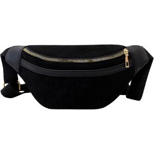 SJZG-Sac Banane Femme Homme, Sacs Banane En Velours C&ocirc;tel&eacute; Beige, Sacoche Banane Unisexe Avec Ceinture R&eacute;glable, Sac De Poitrine Pour Voyages Sportifs (Noir) - Neuf