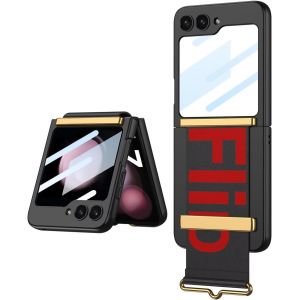 SJZG-Esong Coque Pour Samsung Galaxy Z Flip5 Avec Protection D'&Eacute;cran Arri&egrave;re/Support De Bracelet En Cuir,Dragonne De Luxe Ultra Fine L&eacute;g&egrave;re Rigide Pc Housse,Dragonne B&eacute;quille,Antichoc Bumper-Noir - Neuf