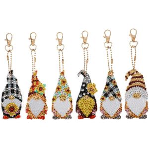 6 Pièces 5d Lutin Tournesol Porte-Clés Peinture Au Diamant,Gnome Diamond Art Painting Porte Clé Kit,Strass Peinture Porte-Clés Ornement Pour Sac Décoration - Neuf