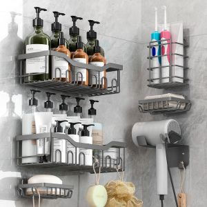 6 Pièces Etagère de Douche sans Perçage,Etagere Salle de Bain en Acier Inoxydable,Etagere Douche avec Crochets,Étagère de Rangement Douche Auto-adhésif,Rangement Douche pour Salle (6-Gris) - Neuf