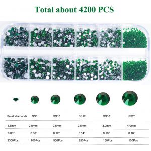 Kal-Lot De 4200 Pierres Précieuses Vertes Pour Ongles -Émeraude -Rond -Dos Plat -Différentes Ss6-Ss20 À K9 -Cristaux D'ongles Verts -Bijoux Nail Art -Breloques Pour Ongles, Yeux, Visage, Maqui - Neuf