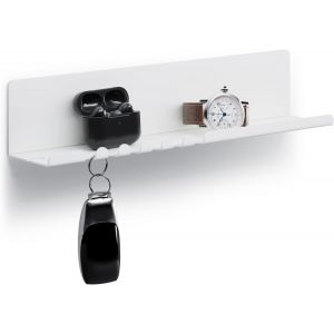 Helke &Eacute;tag&egrave;re Murale 30 x 6 x 6 cm 5 Crochets et Support de c&acirc;ble. Organiseur de cl&eacute;s et Lettres pour entr&eacute;e, Cuisine, Bureau. &Eacute;tag&egrave;re Suspendue en t&ocirc;le d'acier rev&ecirc;tue de Poudre. Couleur Blanche - Neuf