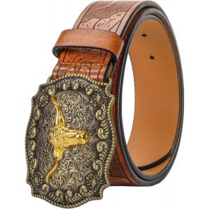 Cauc-Ceinture &Agrave; Boucle De Cow-Boy En Cuir Occidental Pour Hommes, Femmes, Jeans, Ceinture &Agrave; Boucle Florale Grav&eacute;e Longhorn Bull Texas (Taille De 69 &Agrave; 104 Cm) - Neuf