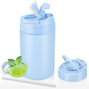Tzf-Gourde Isotherme, Bouteille Isotherme 500ml Anti-Fuite, Tasse A Cafe Sans Bpa Avec Paille, Acier Inoxydable Bouteille D'eau Double Paroi Isolante Avec Poign&eacute;e Pour Sport, Voyages, &Eacute;cole - Bleu - Neuf