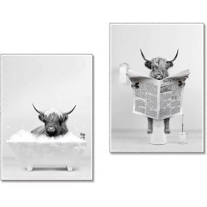 Deux Dr&ocirc;le De Vache Des Highlands Art Mural Dans La Baignoire Images D&eacute;coratives - Photo Sur Toile Noir Et Blanc - Photos Salle De Bain Baignoire Toilette - Haute Qualit&eacute; Art Pri - Neuf