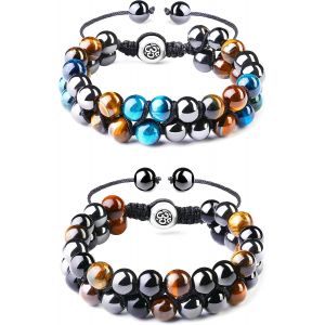 Kal-2pcs Bracelet Homme 8mm Perles Bracelets Obsidienne Oeil De Tigre Bleu Pierre Naturelle Perles Bracelets Pour Homme Femme - Neuf