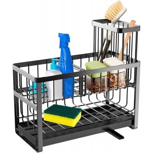 2 Couches Porte Eponge Evier Cuisine, 9.1in Organisateur D'évier En Acier Au Carbone Organiseur D'évier Amovible Avec Égouttoir Brosse De Nettoyage Rack De Rangement - Neuf