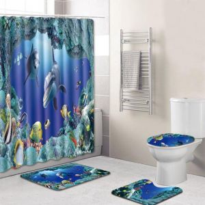 Ensemble De 4 Rideaux De Douche Et Tapis De Bain Imprimé Dauphins, 180 X 180 Cm, Housse De Toilette, Tapis De Bain, Rideaux De Salle De Bain En Polyester Imperméable - Neuf