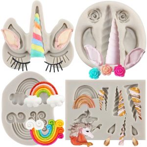 Lot De 4 Moules En Silicone En Forme De Licorne Avec Oreilles De Corne De Licorne Fleur De Rose Arc-En-Ciel Moule À Fondant Pour Décoration De Gâteaux Bonbons Argile Polymère Pâte À Gomme - Neuf