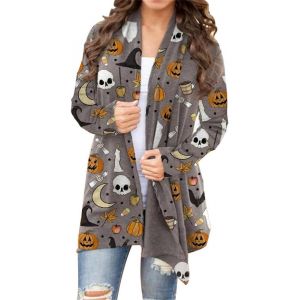 Cardigan D'halloween À Manches Longues Et Devant Ouvert Pour Femme, Motif Chat Et Citrouille - Neuf