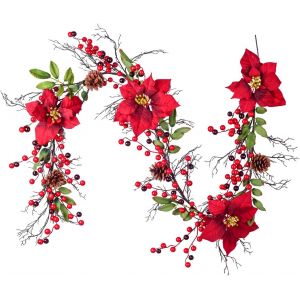 180cm de No&euml;l Poinsettia Couronne Artificielle, des Baies Rouges de No&euml;l Poinsettia Couronne avec pomme de pin Houx Feuilles pour la Chemin&eacute;e, l'Escalier de Table pour le D&icirc;ner de No&euml;l de l'Artisana - Neuf