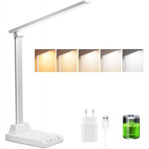 Lampe De Bureau Led, Sans Fil Avec Batterie 2500 Mah, 5 Modes De Couleur, Luminosit&eacute; R&eacute;glable, Contr&ocirc;le Tactile Protection Des Yeux, Lampe Protection Des Yeux, Pour Chevet, Bureau, Enfants - Blanc - Neuf