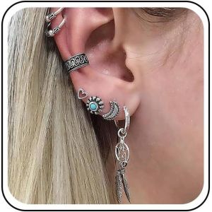 Kal-Boucles D'oreilles Boho En Cartilage Argent&eacute; Boucles D'oreilles Feuilles Vintage Boucles D'oreilles En Cristal Bleu Boucles D'oreilles Non Perc&eacute;es Clips D'oreilles Boucles D'oreilles - Neuf