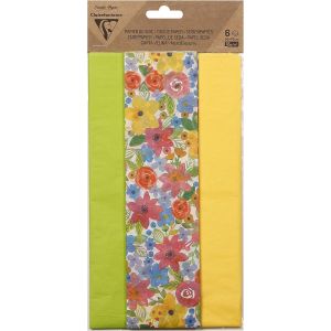 Paquet De 6 Feuilles De Papier De Soie Imprimée - Format 50x75 Cm - 2 Feuilles Motif Fleurs + 2 Feuilles Jaune Citron + 2 Feuilles Vert Pomme - Assortiment Pâques - Neuf