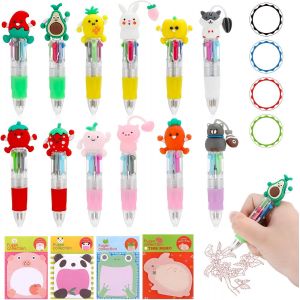 ChenQuanSarl-Lot De 12 Stylos Multicolores 4 En 1 Avec 4 Adorables Notes Adh&eacute;sives Pour Enfants, &Eacute;tudiants, F&ecirc;tes, Fournitures Scolaires - Neuf