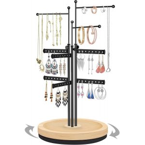 Subzonal-Rotatif Porte Bijoux, Presentoir Bijoux R&eacute;glable En Hauteur Avec Base En Bois, Support Bijoux En M&eacute;tal Pour Ranger Boucles D'oreilles, Colliers, Bracelets, Montres Et Bagues - Neuf