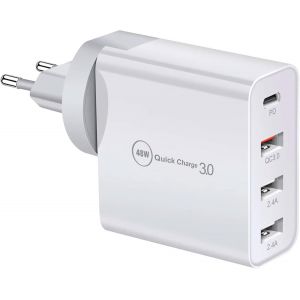 48W Usb C Charger, 4 Port Fast Charger, Pd 3.0 Multiple Fast Charger Compatible With Iphone 15/14/13/12, Se, Ipad, Samsung, Huawei, Xiaomi, Ac Adapter, Usb A And Type C Power Supply - Neuf