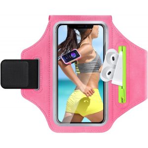 MDY-Brassard de sport universel pour téléphone portable - Avec poche pour écouteurs - Support pour téléphone portable - Pour iPhone 15/14/13/12/Samsung Galaxy S24/S23 Huawei Xiaomi (rouge rose - Neuf