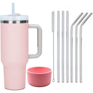 Sjzg-1200 Ml Tasse Isotherme &Agrave; Double Paroi En Acier Inoxydable Avec Poign&eacute;e Tasse &Agrave; Caf&eacute; Voyage Voiture Avec Paille En Acier Inoxydable Et Couvercle En Silicone Rose Clair - Neuf