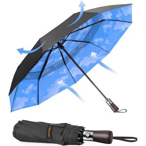 Parapluie Pliant Automatique Compact, Parapluie Solide Homme De Voyage, Rev&ecirc;tement En T&eacute;flon 210t, Anti-Temp&ecirc;te, Double Toit Coupe-Vent Ventil&eacute;, Poign&eacute;e En Bois V&eacute;ritable - Neuf