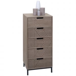 Commode HWC-N90, armoire Highboard, design 3D 5 tiroirs bois m&eacute;tal 84x35x29cmgris-brun - Neuf
