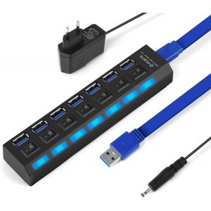 Hub USB 3.0, USB Hub à 7 Ports Multi Port Répartiteur Hubs acve Alimentation LED et Câble de 52cm pour PC, MacBook Air, Mini M4, Windows XP/Vista/7/8 Mac Pro/iMac (5Gb/s) - Neuf