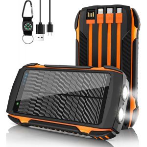 Chargeur Solaire 56800 Mah Et 65 W Avec 4 Câbles Intégrés, Entrée Et Sortie Usb-C, Charge Rapide, Double Lampe De Poche Lumineuse Pour Camping En Plein Air, Pour Iphone/Tablette - Neuf