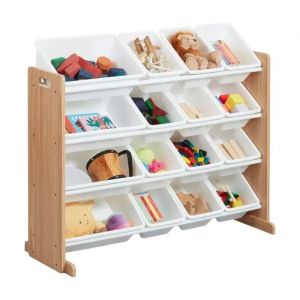 Ginger Home &iquest; Organiseur Jouets Enfant Avec 16 Bacs (4 Grands + 12 Petits), Structure Mdf/M&eacute;tal, Bois/Blanc, 107&times;26,5&iquest;38&times;78 Cm - Neuf