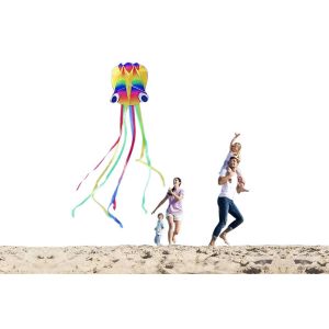 Cerf-volant pieuvre arc-en-ciel avec ligne de 100 m, longueur de 4 m, structure souple, convient aux enfants de 4 ans et plus. - Neuf